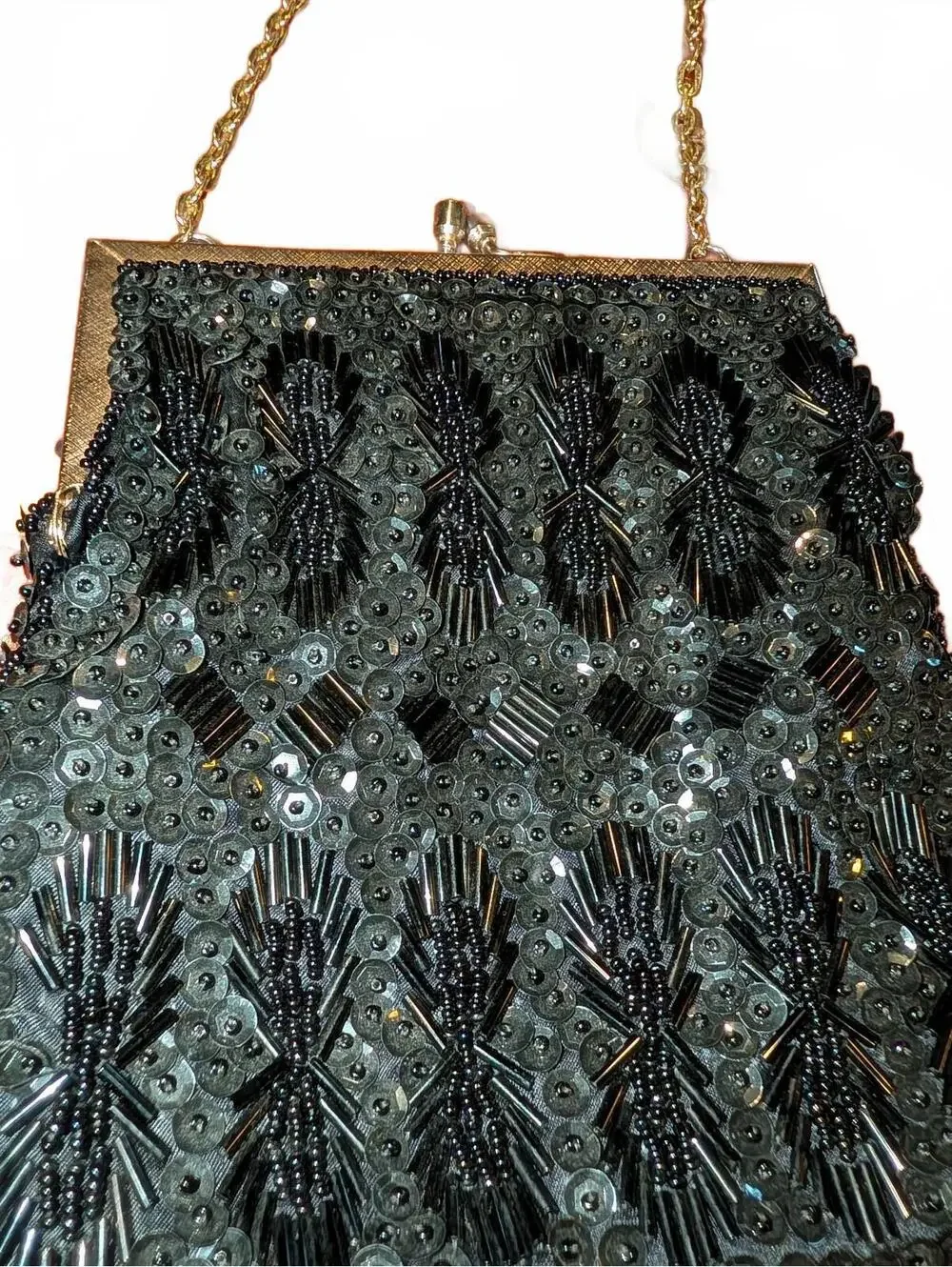 Vintage Black Beaded Evening Bag with Gold Chain Strap